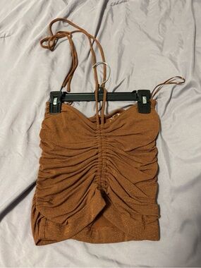 LOFT Shimmery Rust Brown Ruched Halter Crop Top